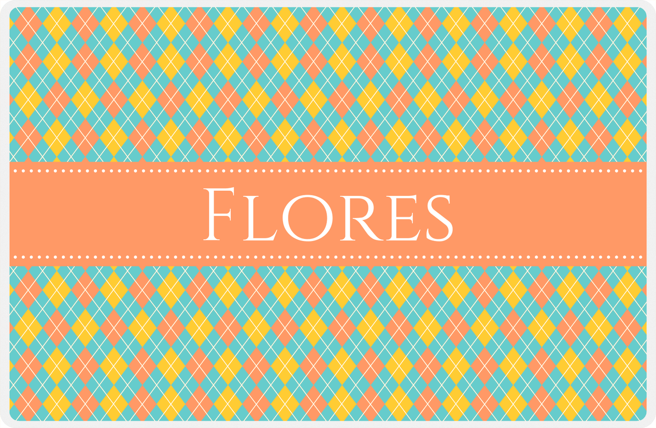 Personalized Argyle Placemat - Viking Blue and Mustard - Tangerine Ribbon Frame -  View