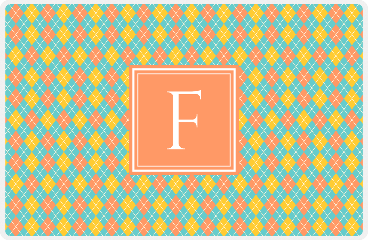 Personalized Argyle Placemat - Viking Blue and Mustard - Tangerine Square Frame -  View