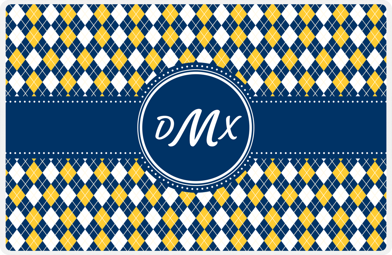 Personalized Argyle Placemat - Navy and Mustard - Navy Circle Frame With Ribbon -  View