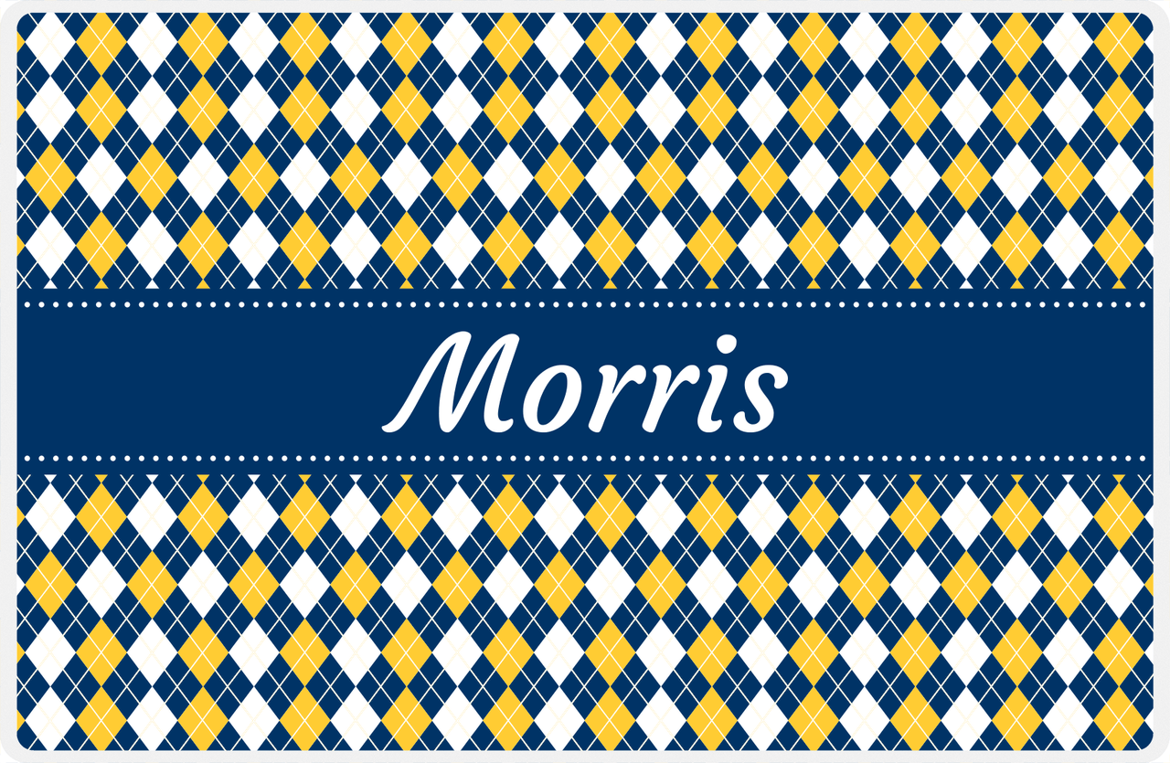 Personalized Argyle Placemat - Navy and Mustard - Navy Ribbon Frame -  View