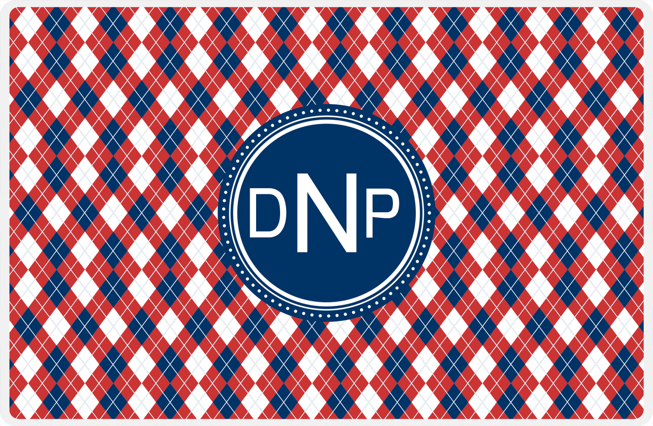 Personalized Argyle Placemat - Cherry Red and White - Navy Circle Frame -  View
