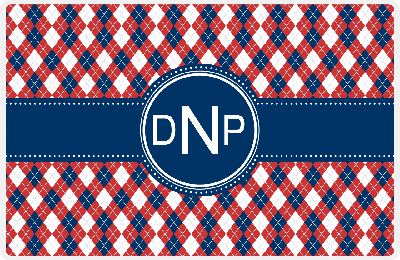 Personalized Argyle Placemat - Cherry Red and White - Navy Circle Frame With Ribbon -  View