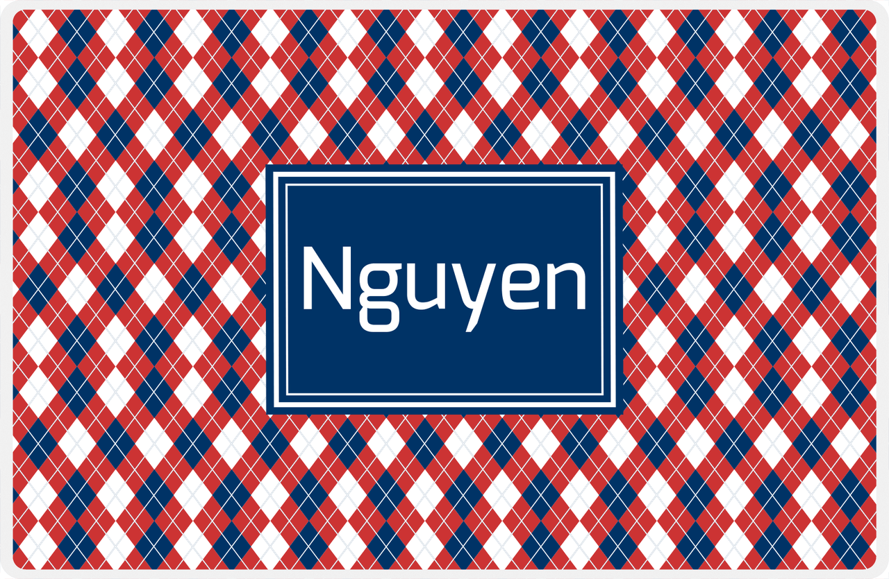 Personalized Argyle Placemat - Cherry Red and White - Navy Rectangle Frame -  View