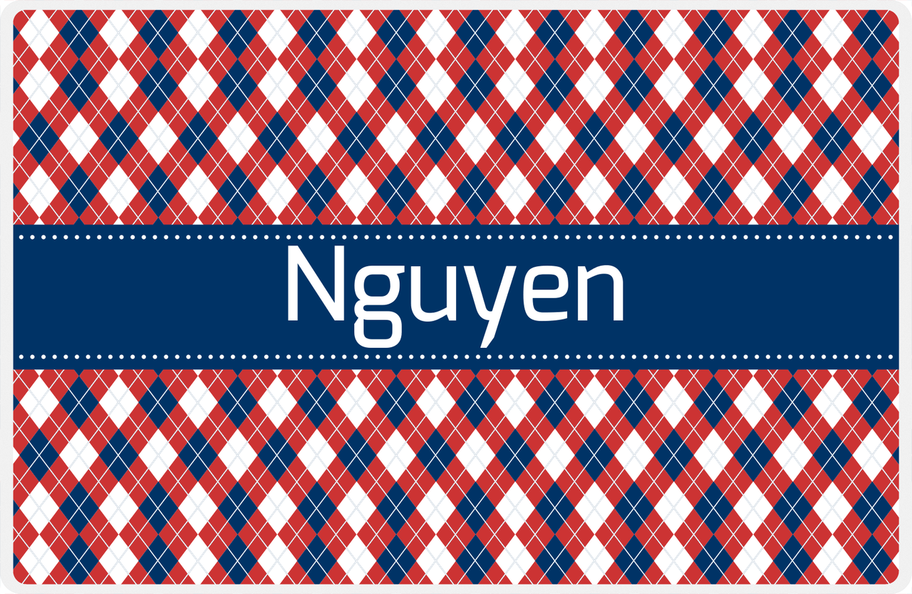 Personalized Argyle Placemat - Cherry Red and White - Navy Ribbon Frame -  View