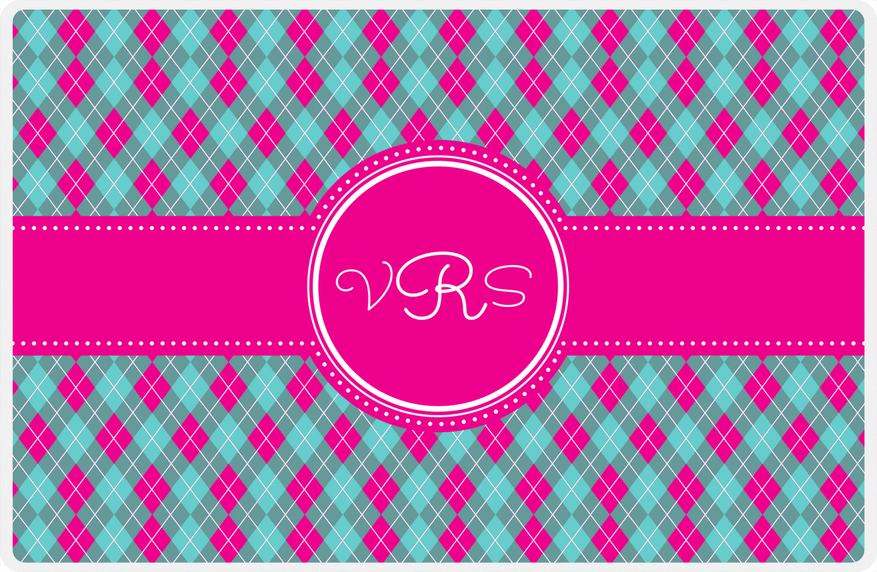Personalized Argyle Placemat - Viking Blue and White - Hot Pink Circle Frame with Ribbon -  View