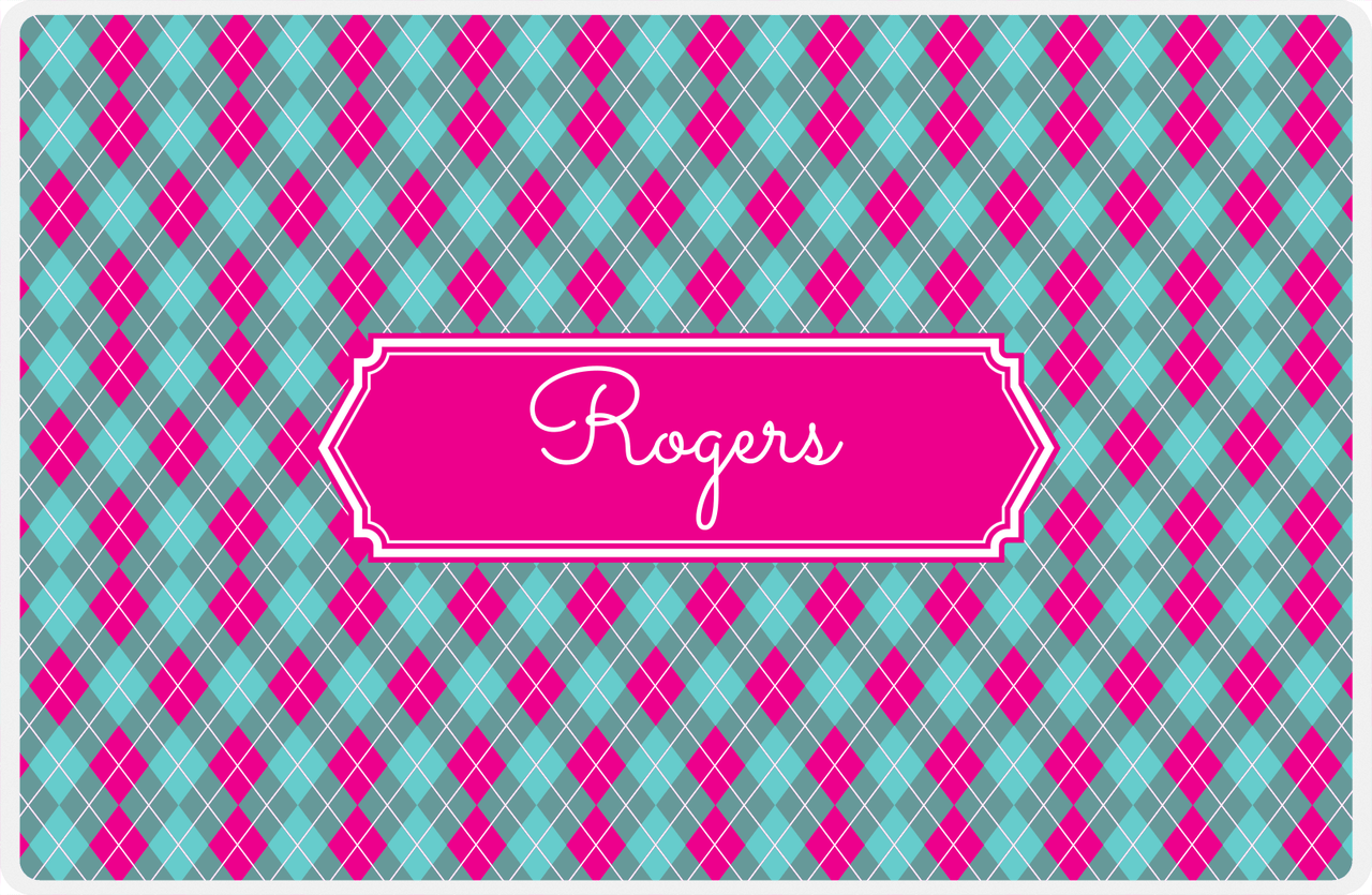 Personalized Argyle Placemat - Viking Blue and White - Hot Pink Decorative Rectangle Frame -  View