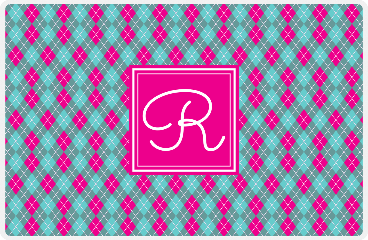 Personalized Argyle Placemat - Viking Blue and White - Hot Pink Square Frame -  View