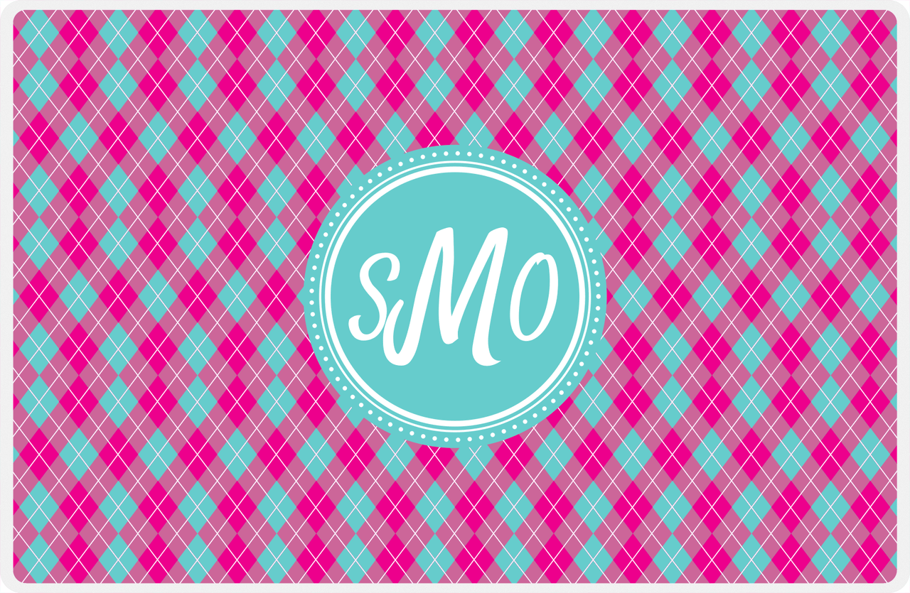 Personalized Argyle Placemat - Hot Pink and White - Viking Blue Circle Frame -  View