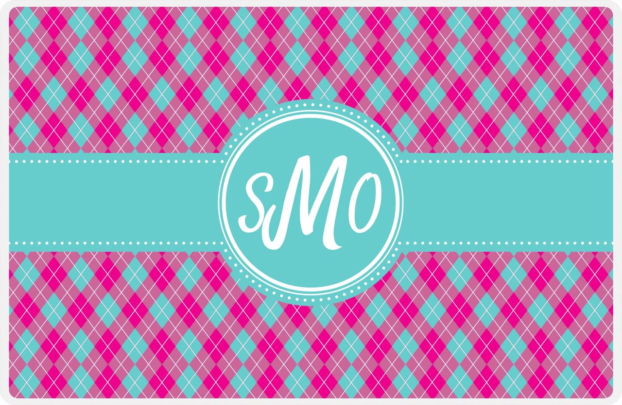 Personalized Argyle Placemat - Hot Pink and White - Viking Blue Circle Frame with Ribbon -  View