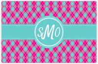 Thumbnail for Personalized Argyle Placemat - Hot Pink and White - Viking Blue Circle Frame with Ribbon -  View