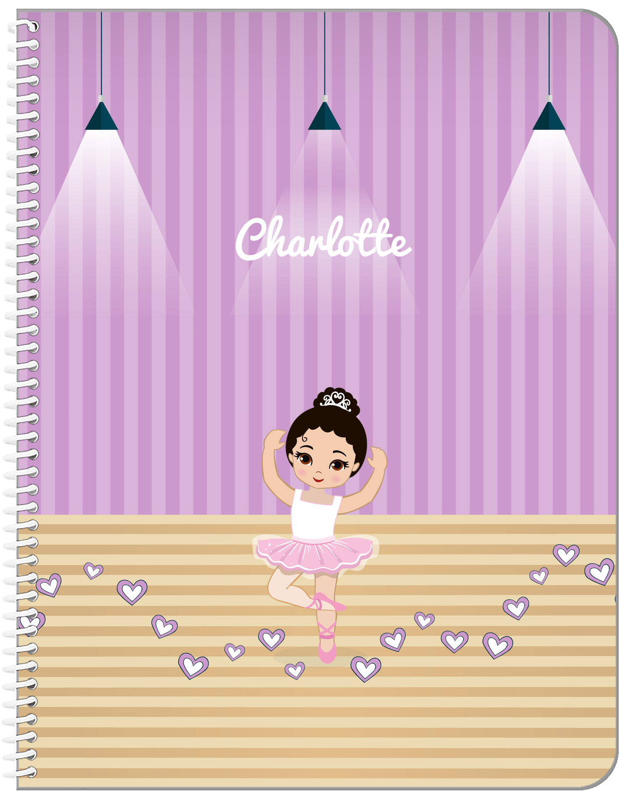 Personalized Ballerina Notebook I - Studio Hearts - Black Hair Ballerina - Front View