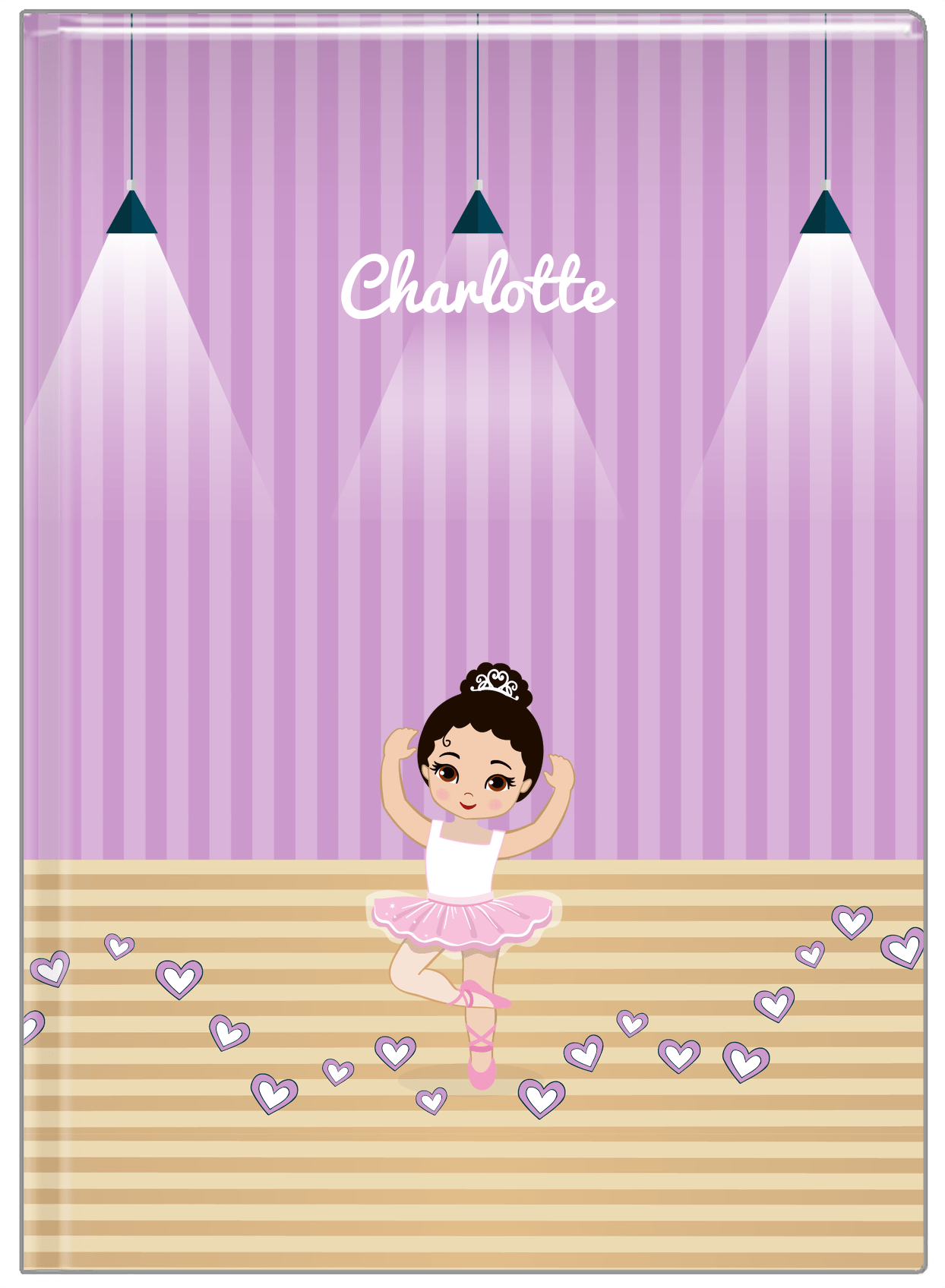 Personalized Ballerina Journal I - Studio Hearts - Black Hair Ballerina - Front View