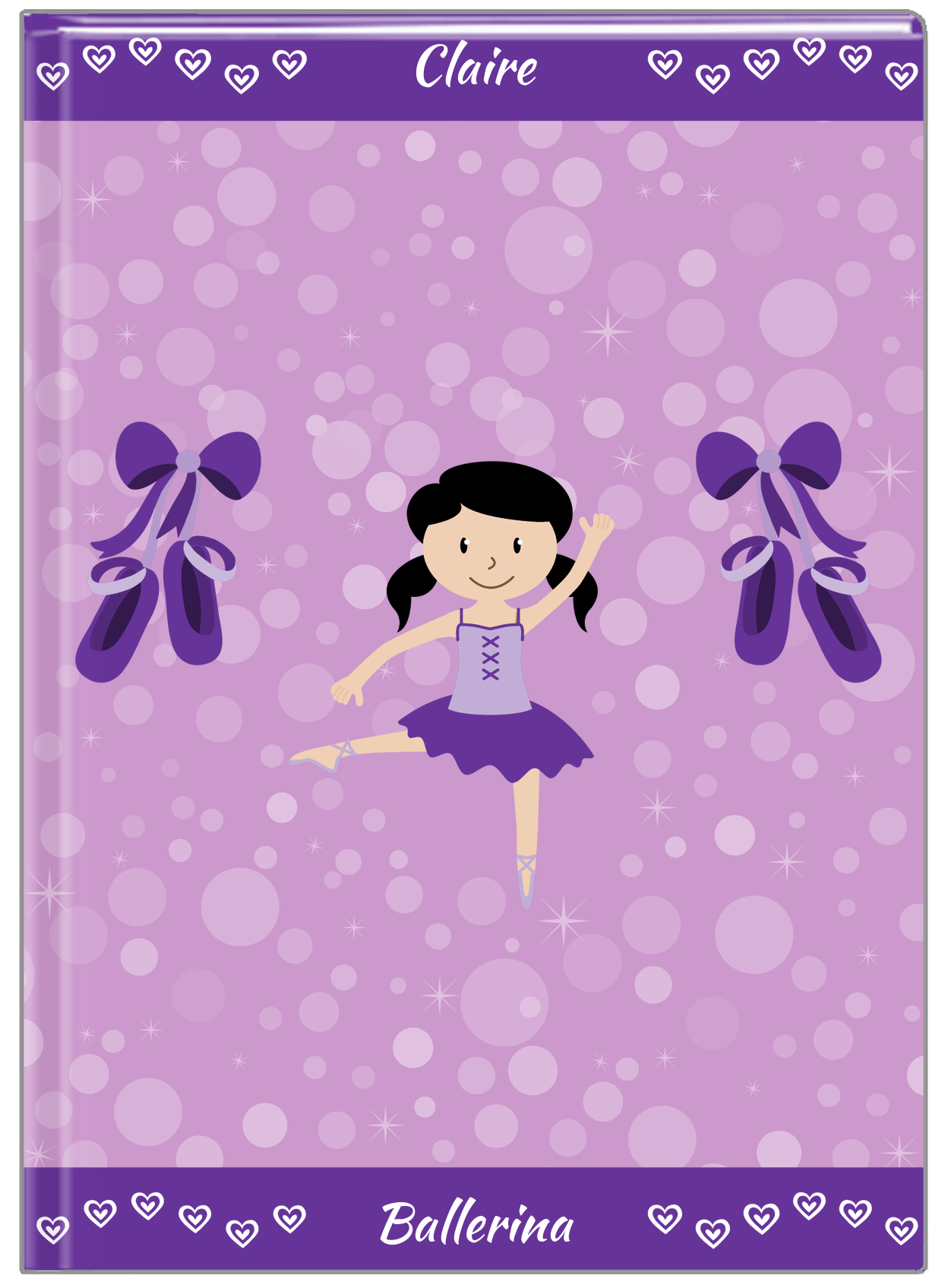 Personalized Ballerina Journal VIII - Hearts Dance - Black Hair Ballerina - Front View