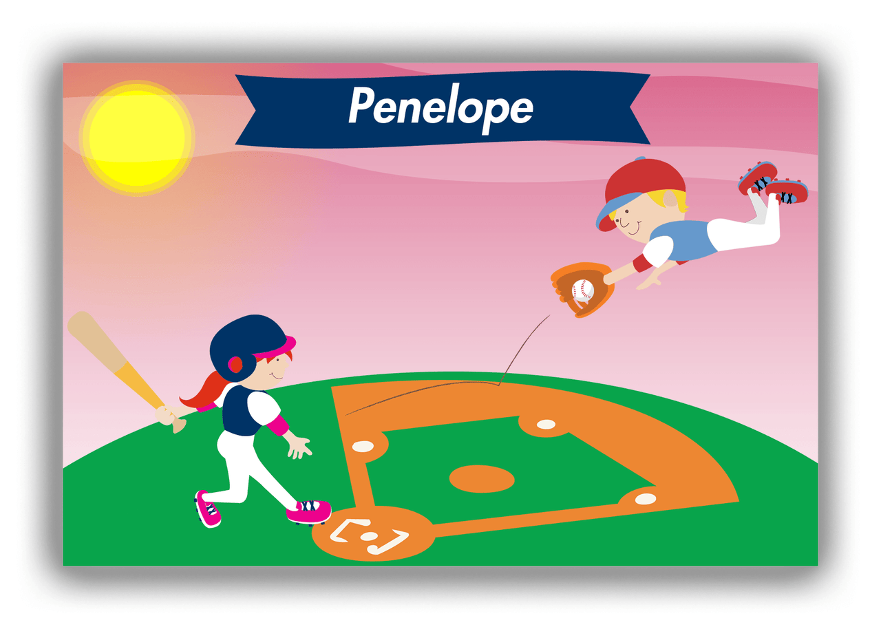 Personalized Baseball Canvas Wrap & Photo Print IV - Pink Background - Redhead Girl - Front View