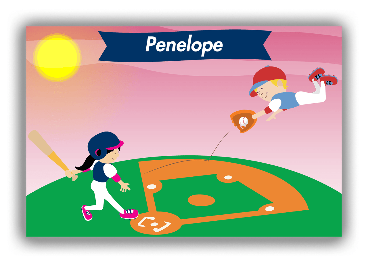 Personalized Baseball Canvas Wrap & Photo Print IV - Pink Background - Black Hair Girl III - Front View