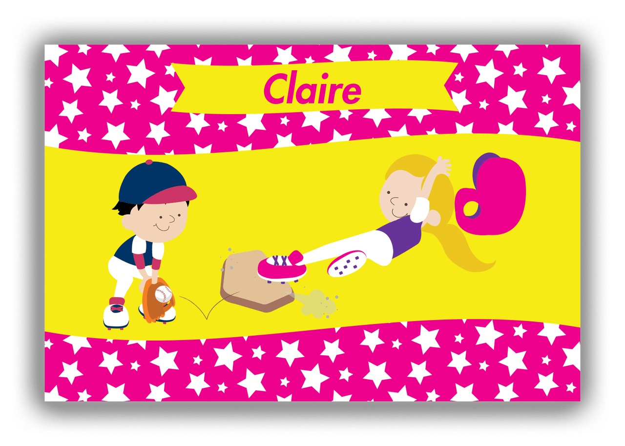 Personalized Baseball Canvas Wrap & Photo Print VIII - Pink Background - Blonde Girl - Front View