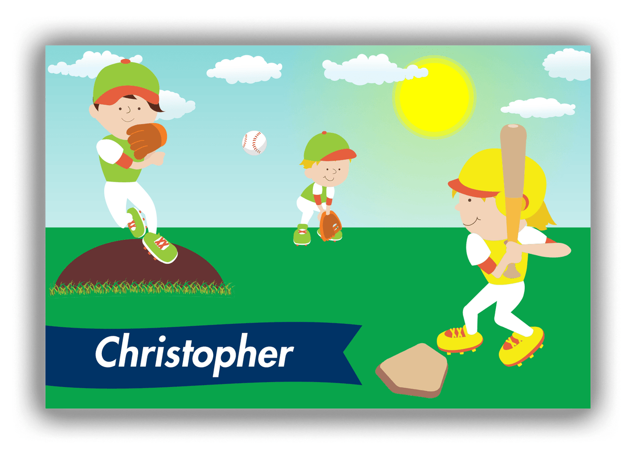 Personalized Baseball Canvas Wrap & Photo Print XIII - Teal Background - Blond Boy - Front View