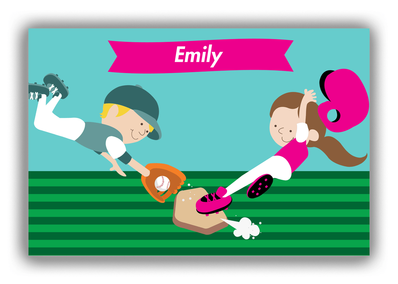 Personalized Baseball Canvas Wrap & Photo Print XXI - Teal Background - Brunette Girl - Front View