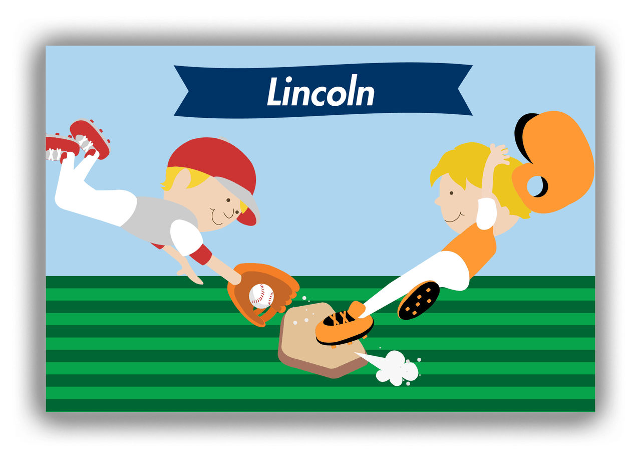 Personalized Baseball Canvas Wrap & Photo Print XXII - Blue Background - Blond Boy - Front View