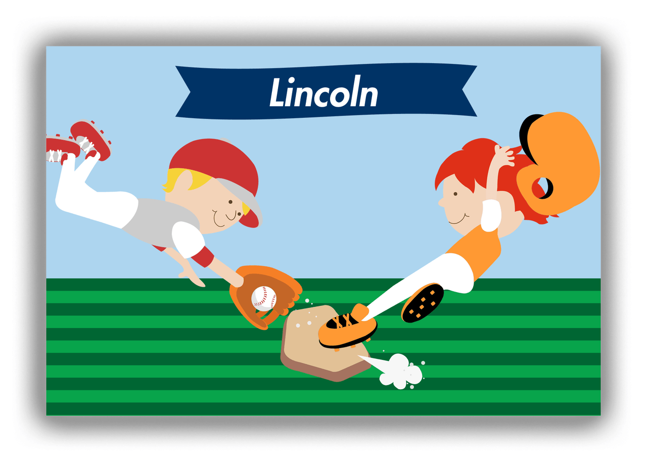 Personalized Baseball Canvas Wrap & Photo Print XXII - Blue Background - Redhead Boy - Front View