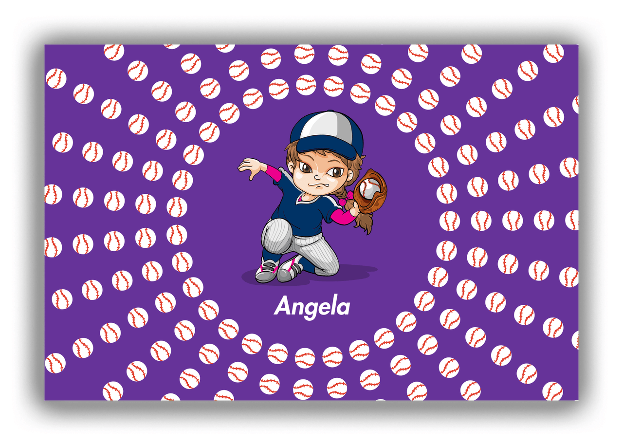 Personalized Baseball Canvas Wrap & Photo Print XXXV - Purple Background - Brunette Girl - Front View