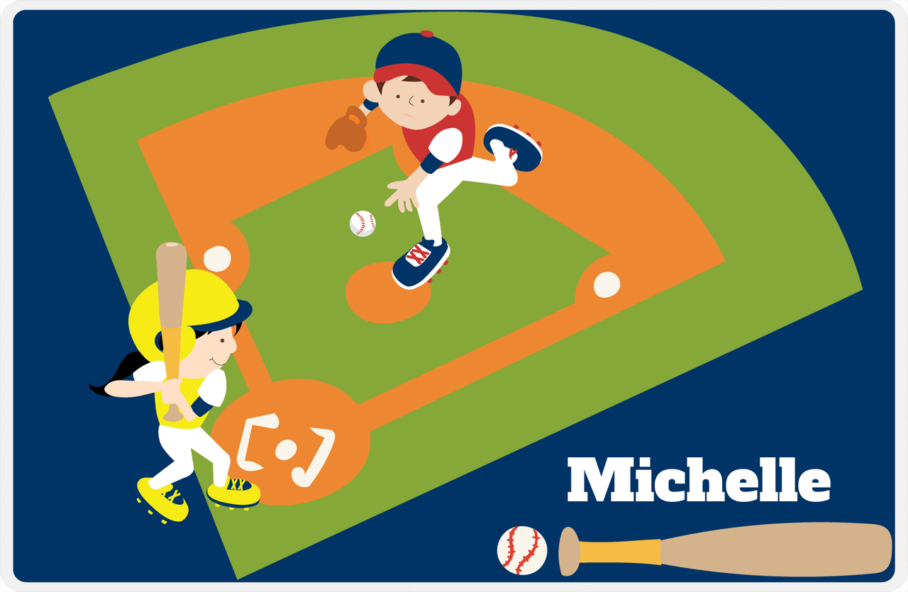 Personalized Baseball Placemat II - Blue Background - Black Hair Girl At Bat -  View