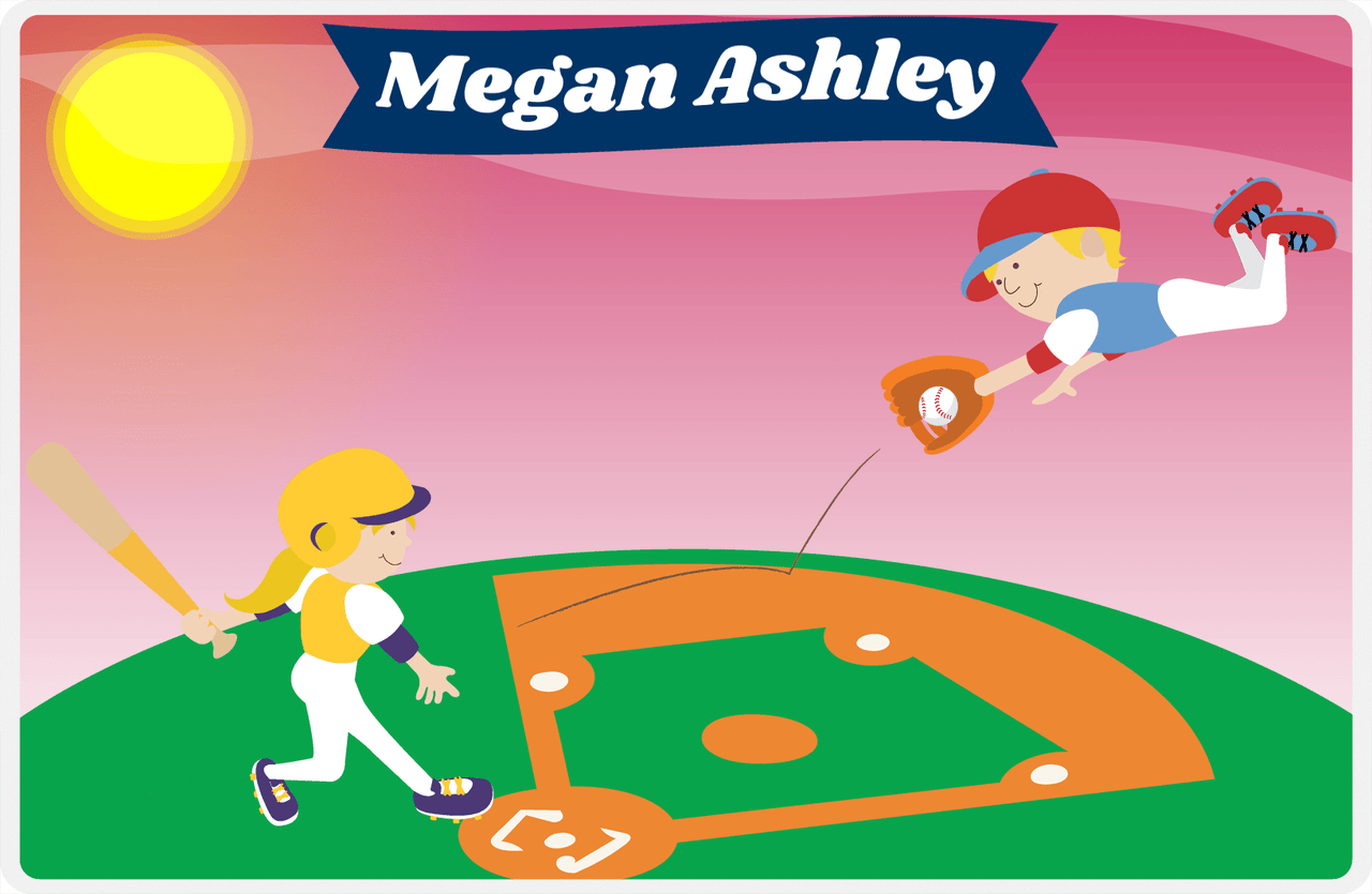 Personalized Baseball Placemat IV - Red Background - Blonde Girl At Bat -  View