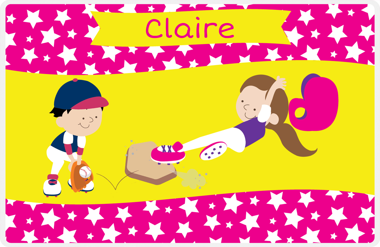 Personalized Baseball Placemat VIII - Pink Background - Brunette Girl -  View