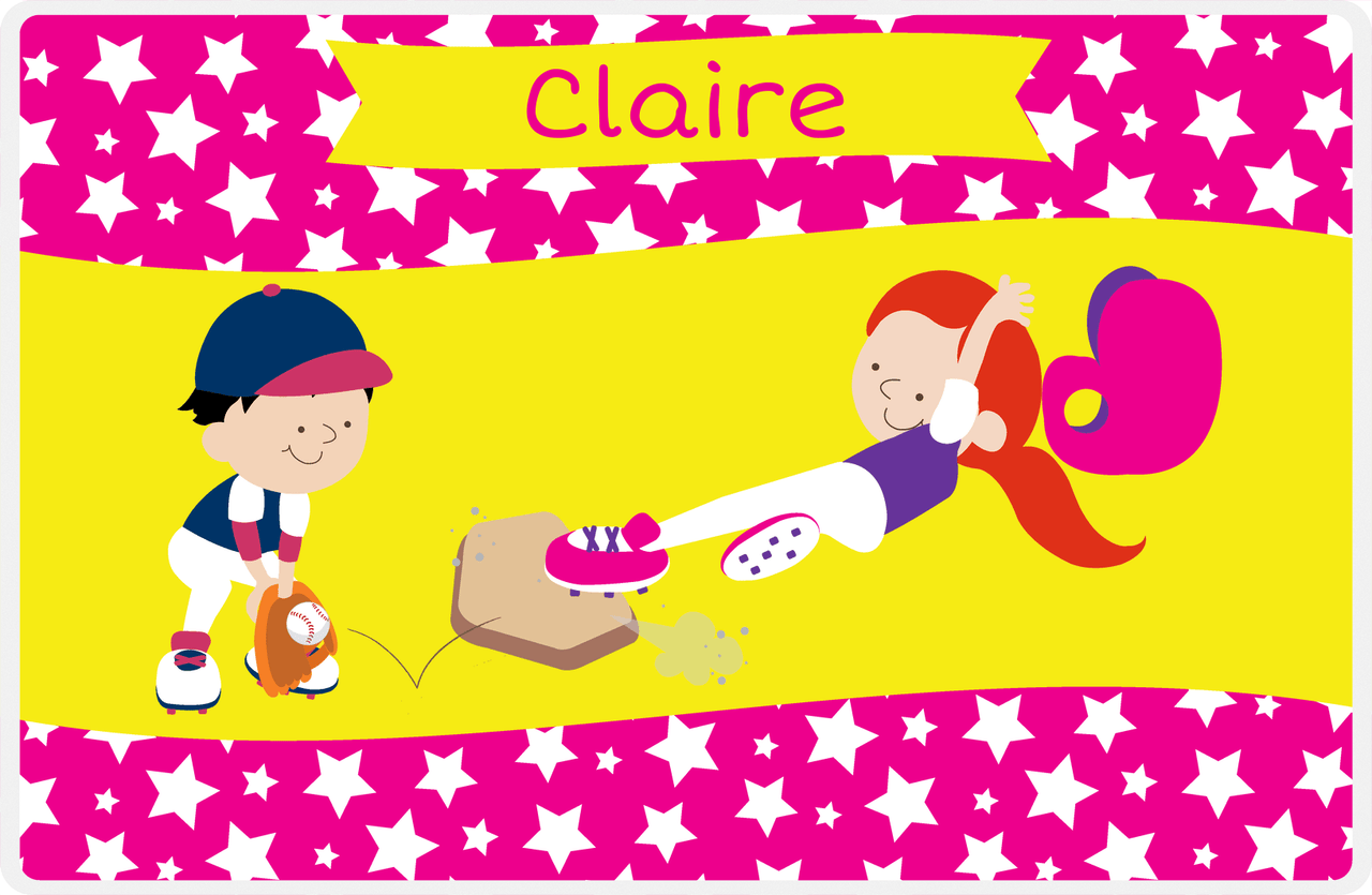 Personalized Baseball Placemat VIII - Pink Background - Redhead Girl -  View