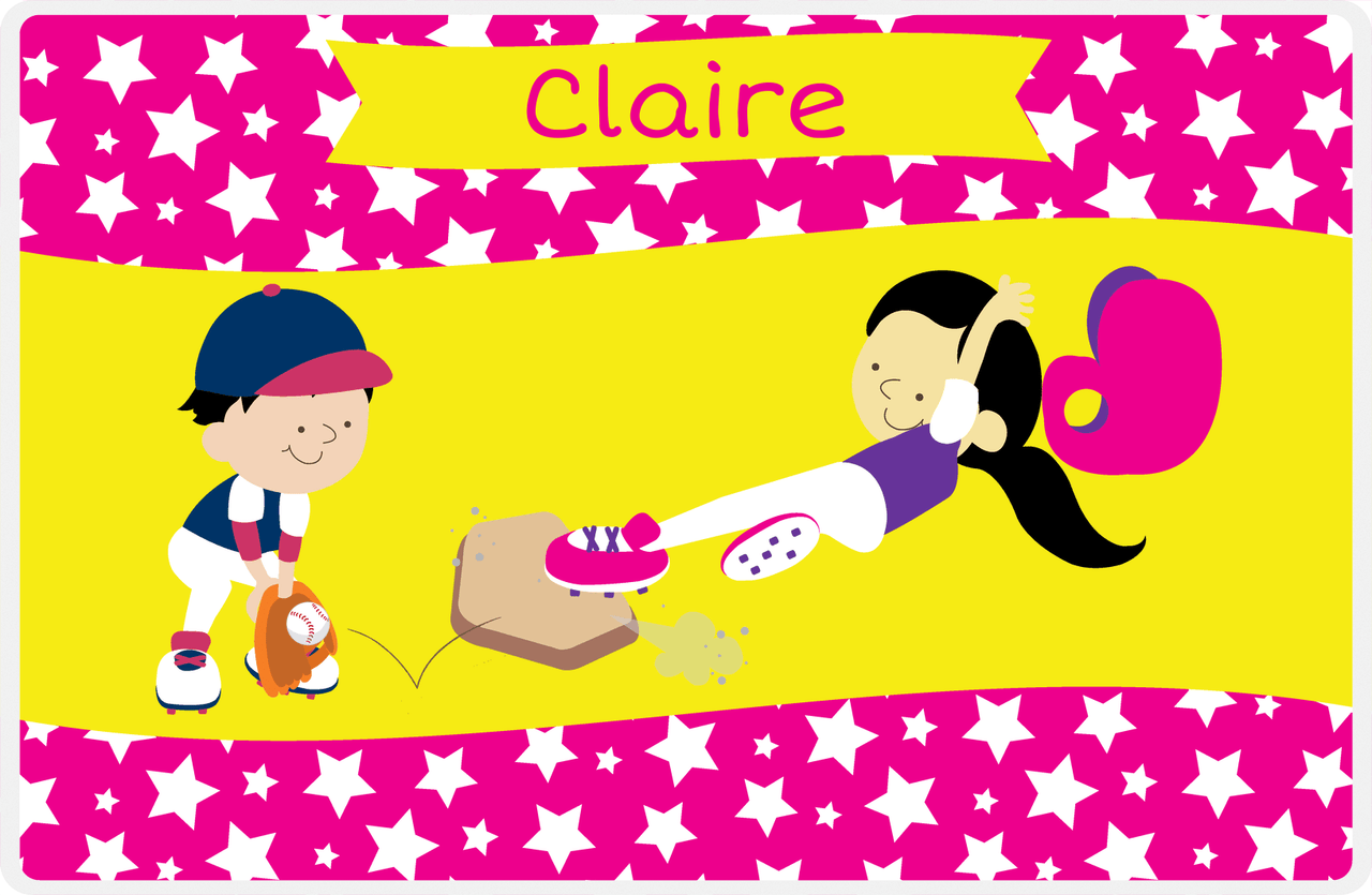 Personalized Baseball Placemat VIII - Pink Background - Black Hair Girl II -  View