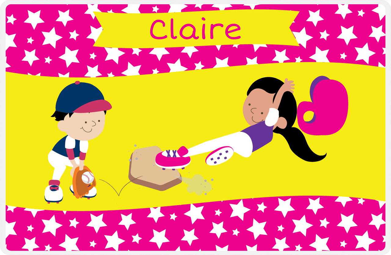 Personalized Baseball Placemat VIII - Pink Background - Black Hair Girl III -  View