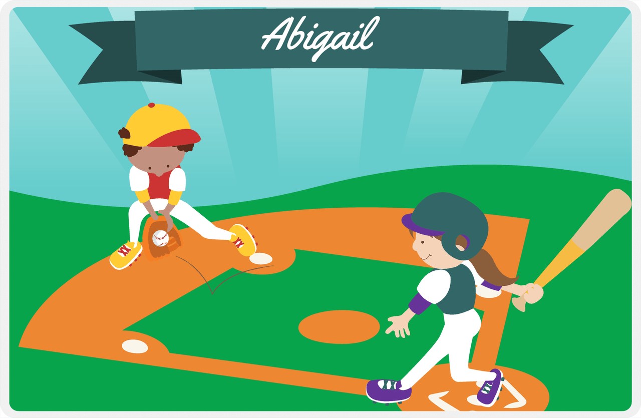 Personalized Baseball Placemat X - Blue Background - Brunette Girl -  View