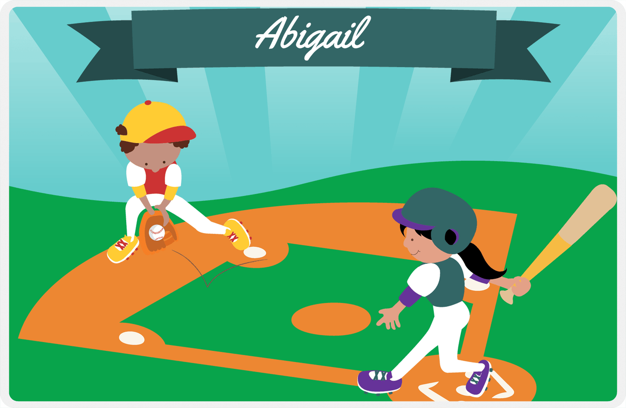 Personalized Baseball Placemat X - Blue Background - Black Hair Girl II -  View