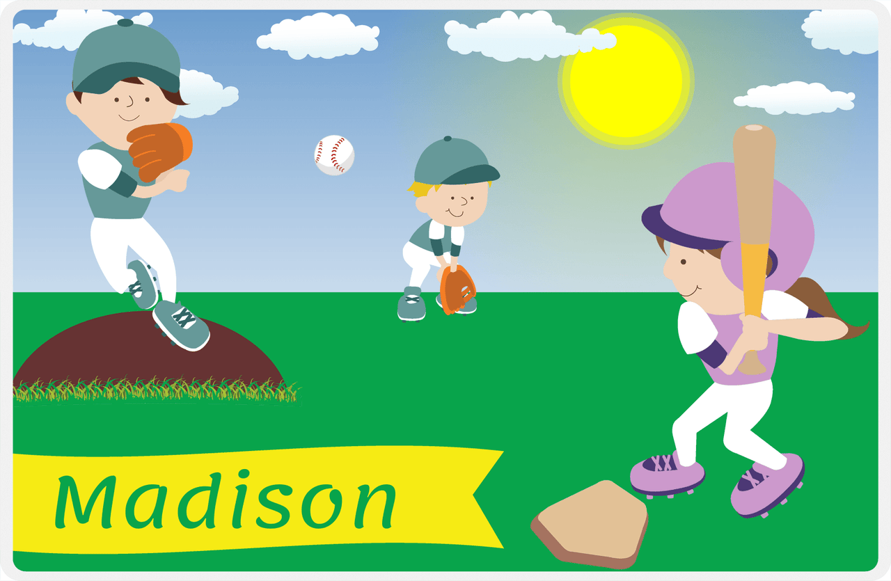 Personalized Baseball Placemat XII - Blue Background - Brunette Girl -  View