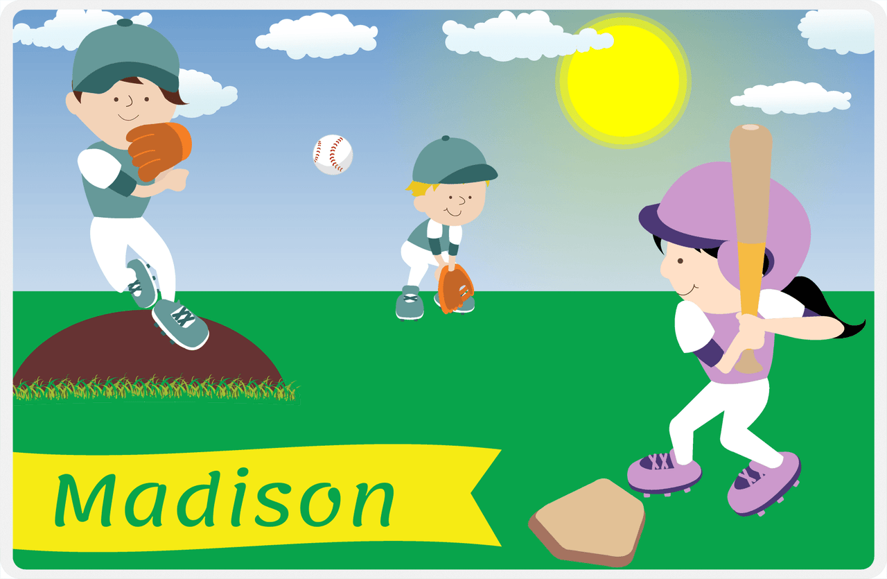 Personalized Baseball Placemat XII - Blue Background - Black Hair Girl -  View