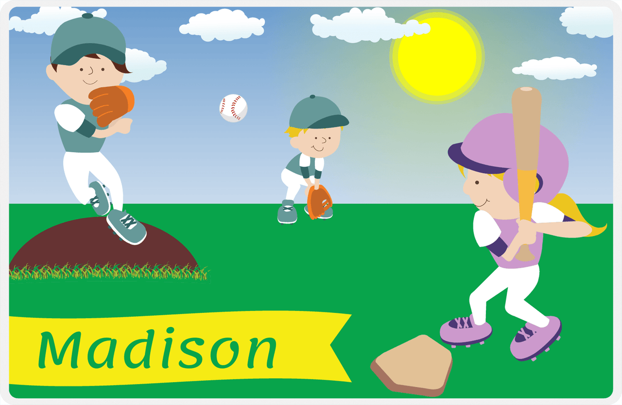 Personalized Baseball Placemat XII - Blue Background - Blonde Girl -  View