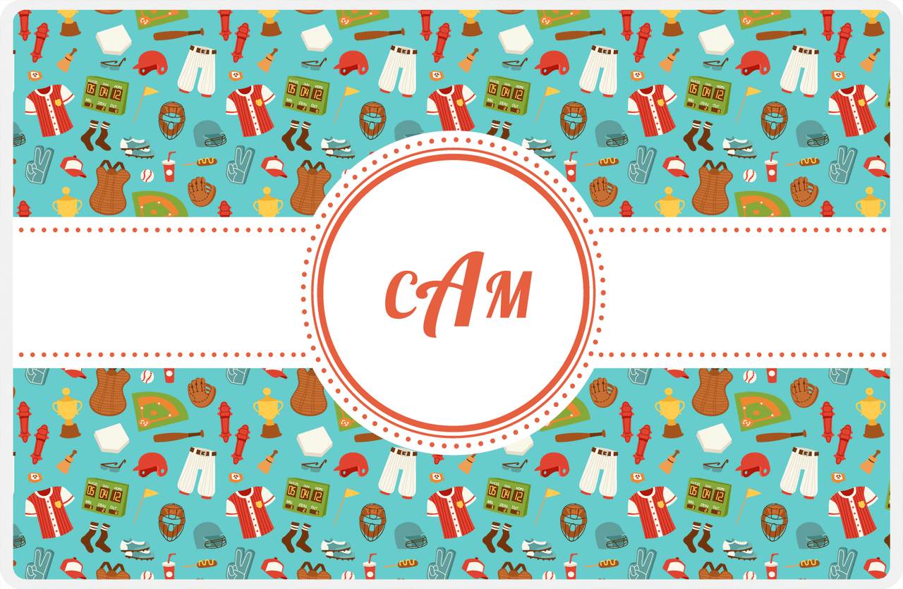 Personalized Baseball Placemat XX - Teal Background - Circle Ribbon Nameplate -  View