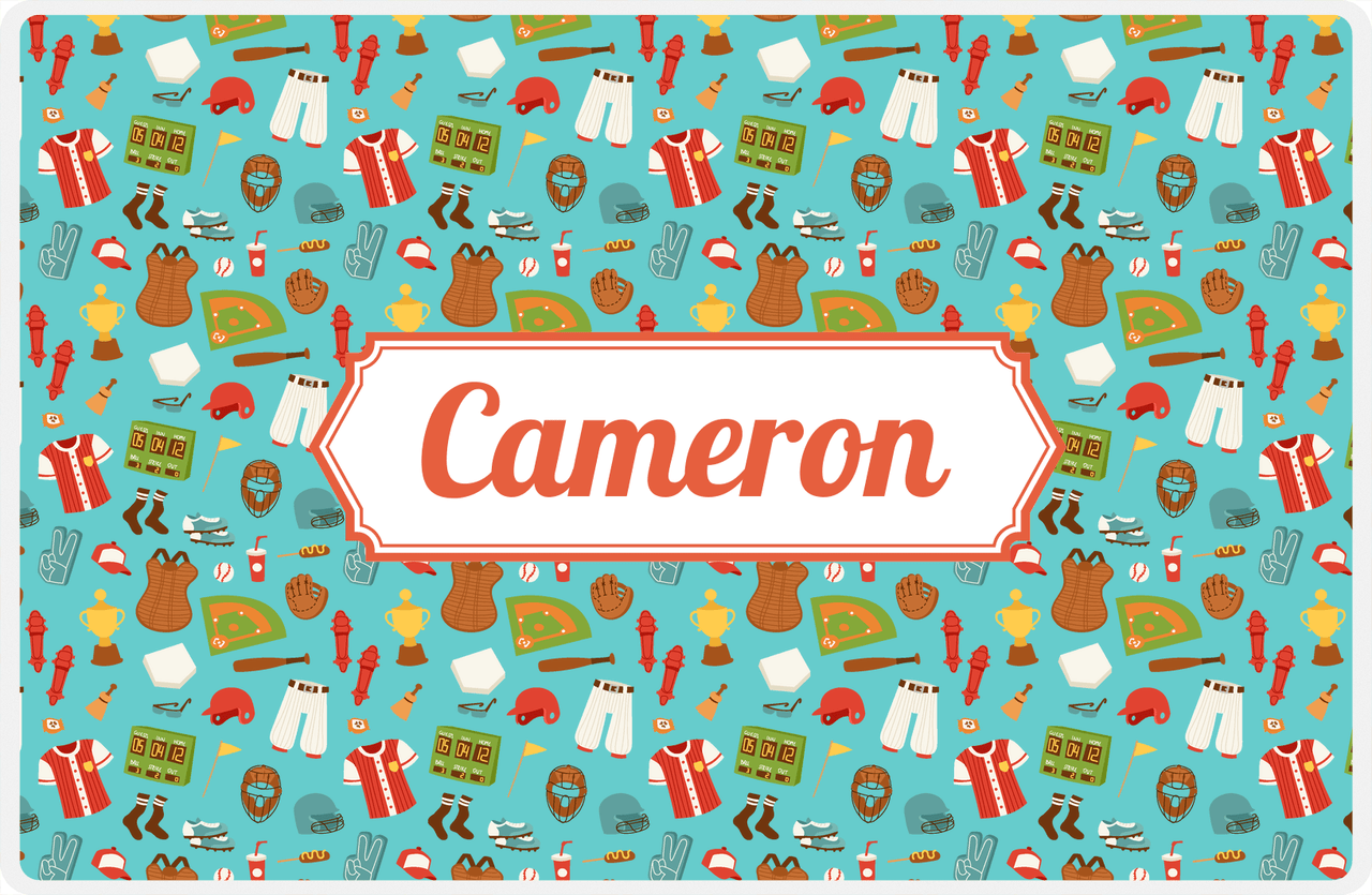 Personalized Baseball Placemat XX - Teal Background - Decorative Rectangle Nameplate -  View
