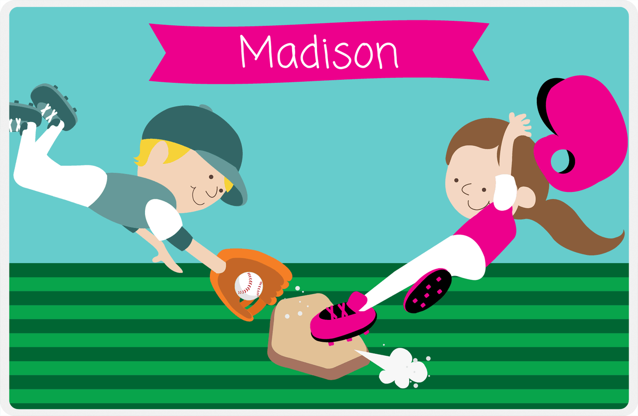 Personalized Baseball Placemat XXI - Teal Background - Brunette Girl -  View