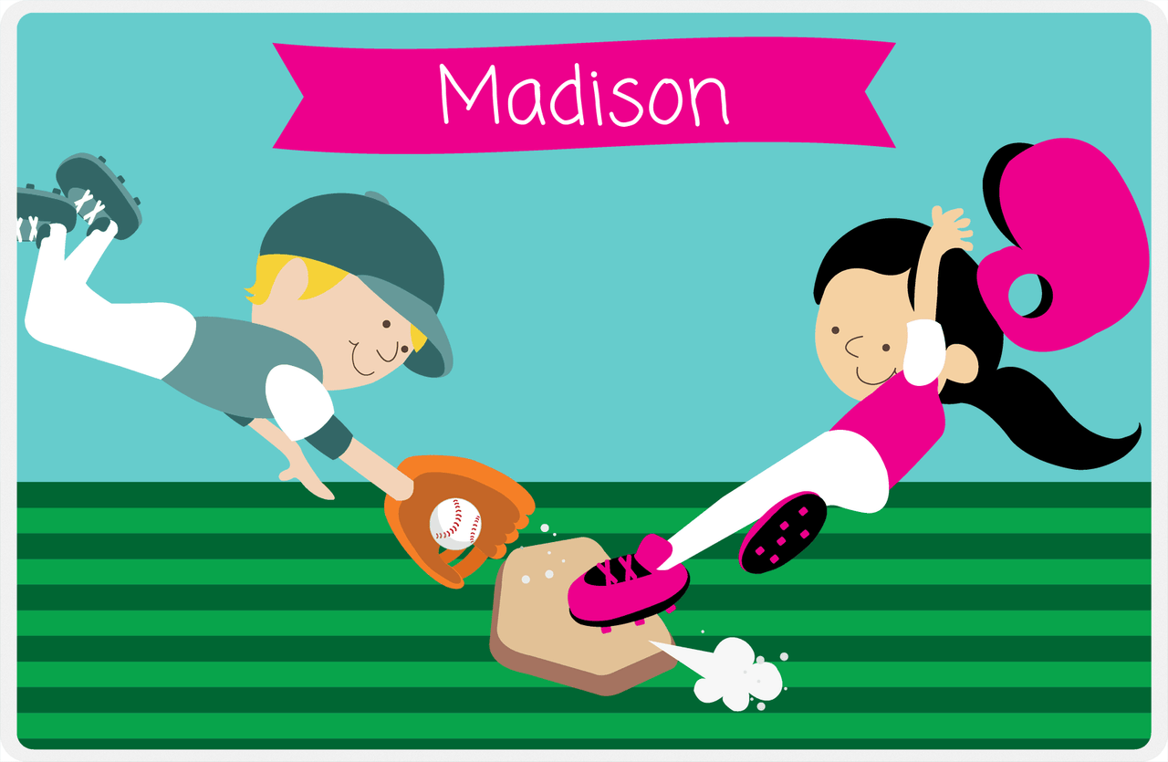 Personalized Baseball Placemat XXI - Teal Background - Black Hair Girl II -  View