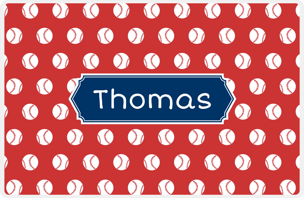 Personalized Baseball Placemat XXIV - Red Background - Decorative Rectangle Nameplate -  View