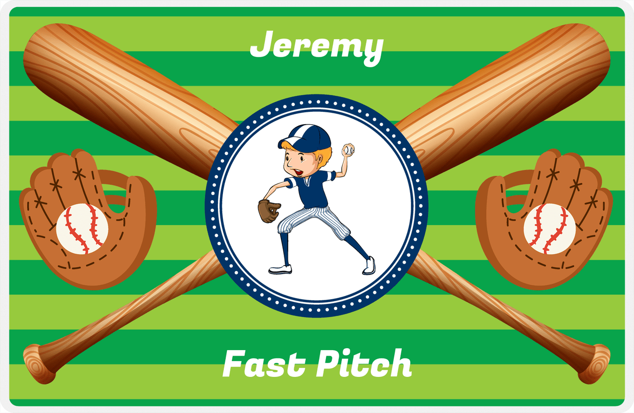 Personalized Baseball Placemat XXXII - Green Background - Blond Boy -  View