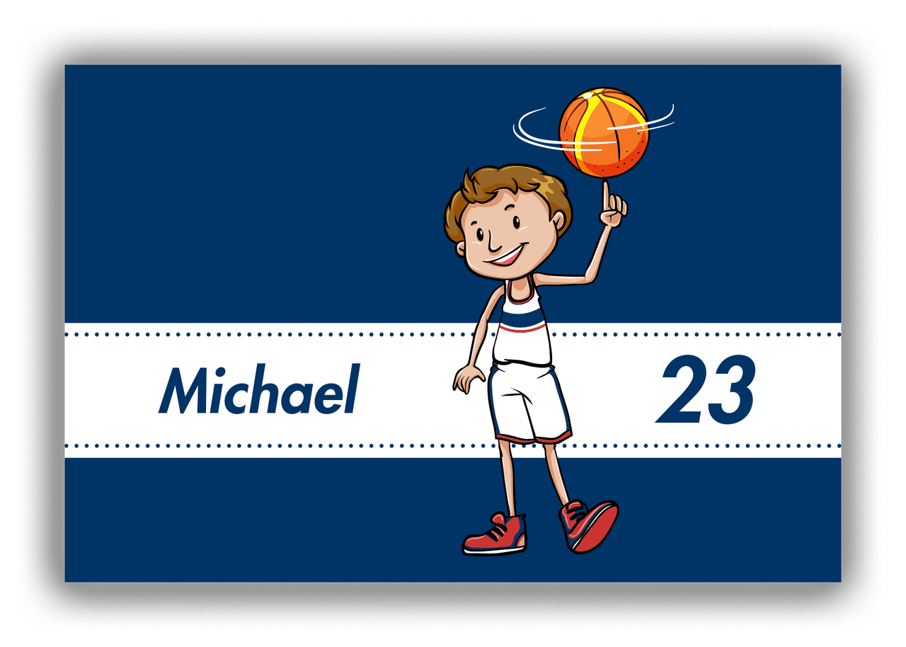 Personalized Basketball Canvas Wrap & Photo Print I - Blue Background - Brown Hair Boy - Front View