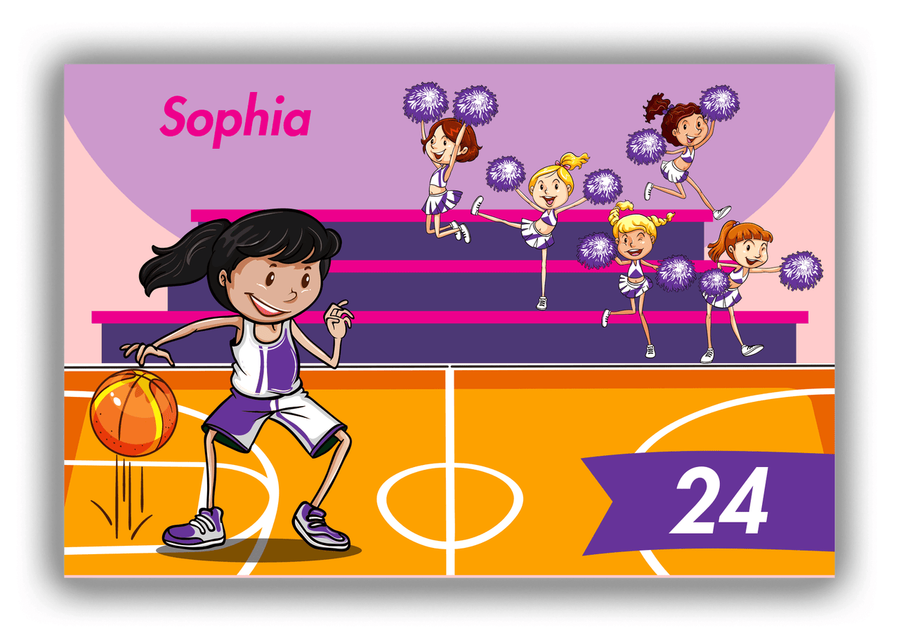 Personalized Basketball Canvas Wrap & Photo Print IV - Pink Background - Black Hair Girl - Front View