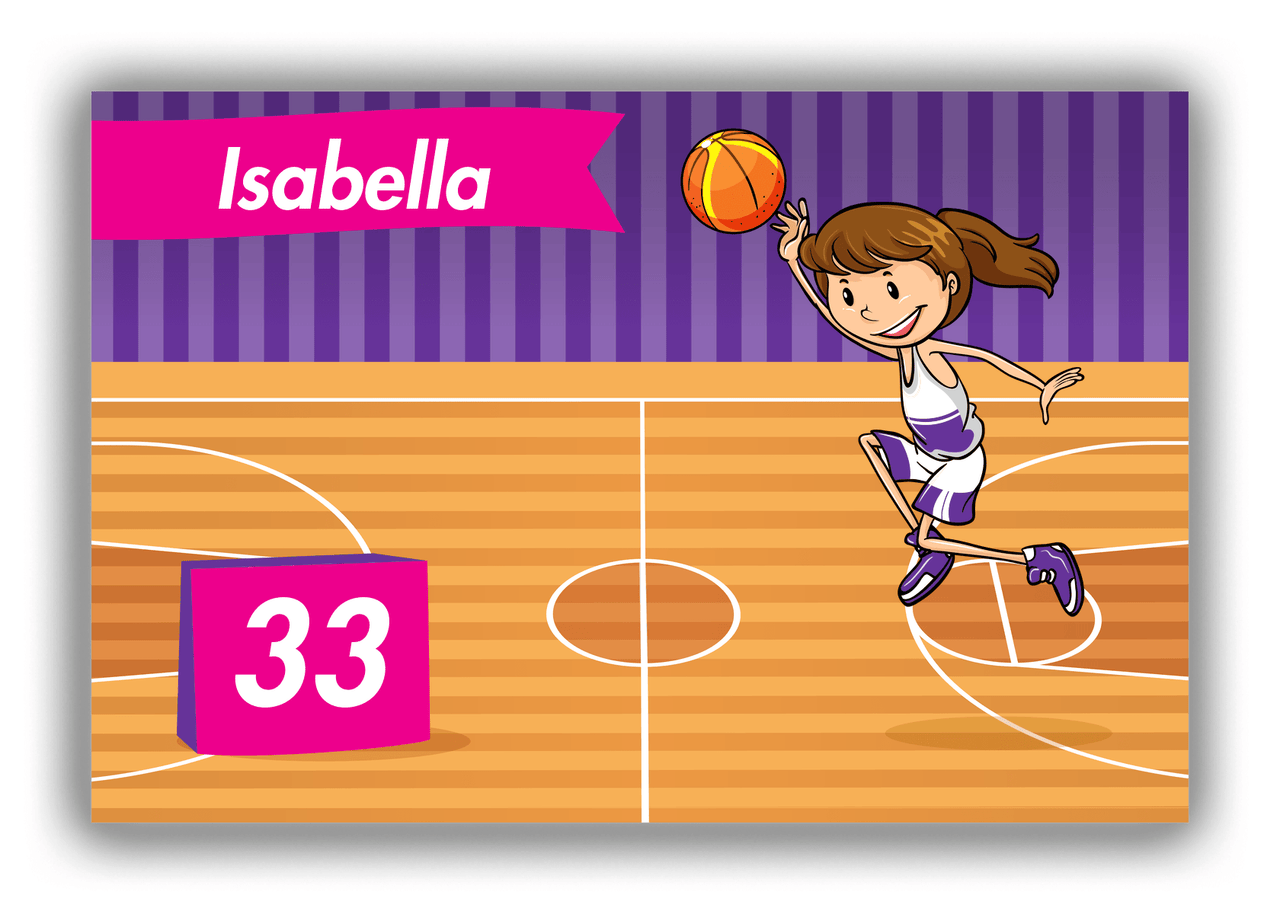 Personalized Basketball Canvas Wrap & Photo Print VI - Purple Background - Brunette Girl - Front View