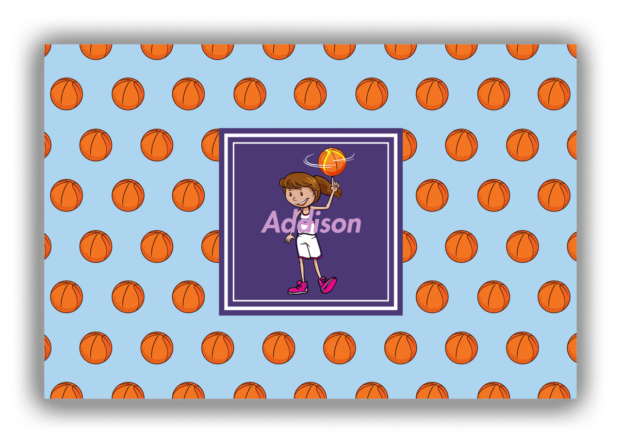 Personalized Basketball Canvas Wrap & Photo Print XII - Blue Background - Brunette Girl - Front View