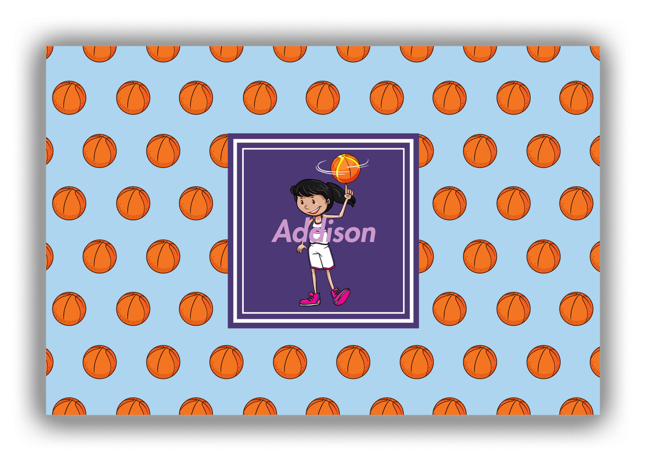 Personalized Basketball Canvas Wrap & Photo Print XII - Blue Background - Black Hair Girl - Front View
