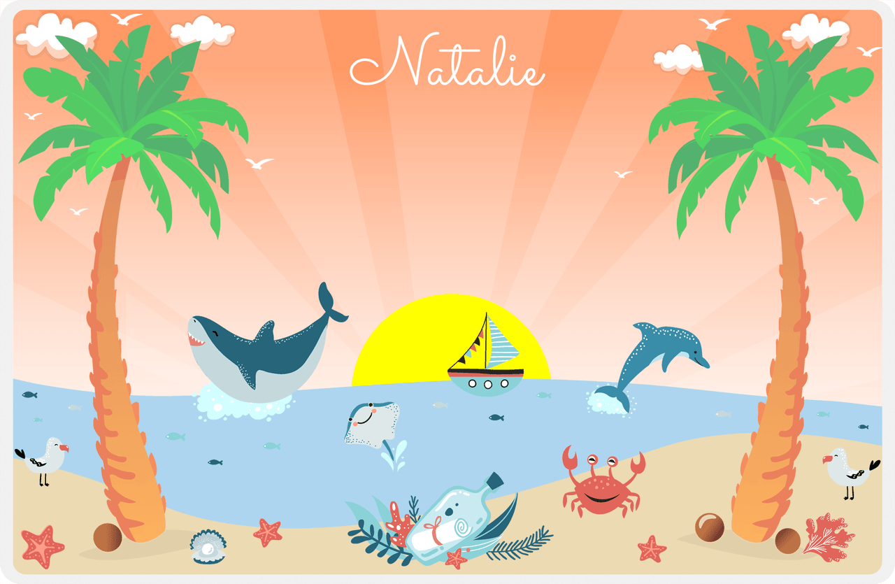 Personalized Beach Animals Placemat II - Sunset Sail - Orange Background -  View