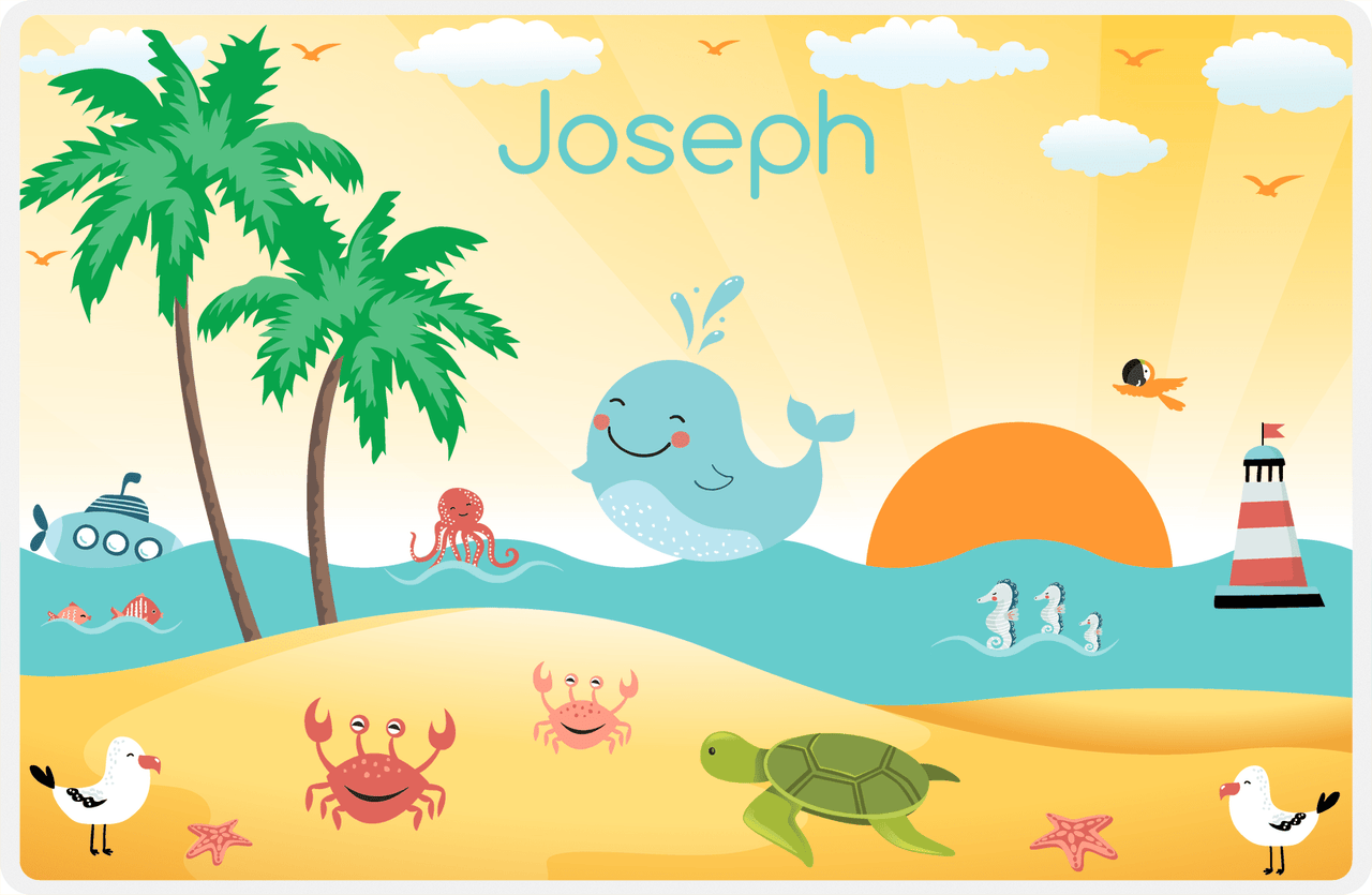 Personalized Beach Animals Placemat III - Happy Whale - Yellow Background -  View
