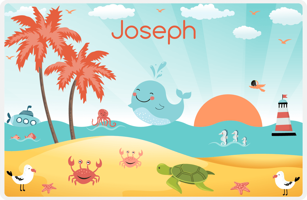 Personalized Beach Animals Placemat III - Happy Whale - Teal Background -  View